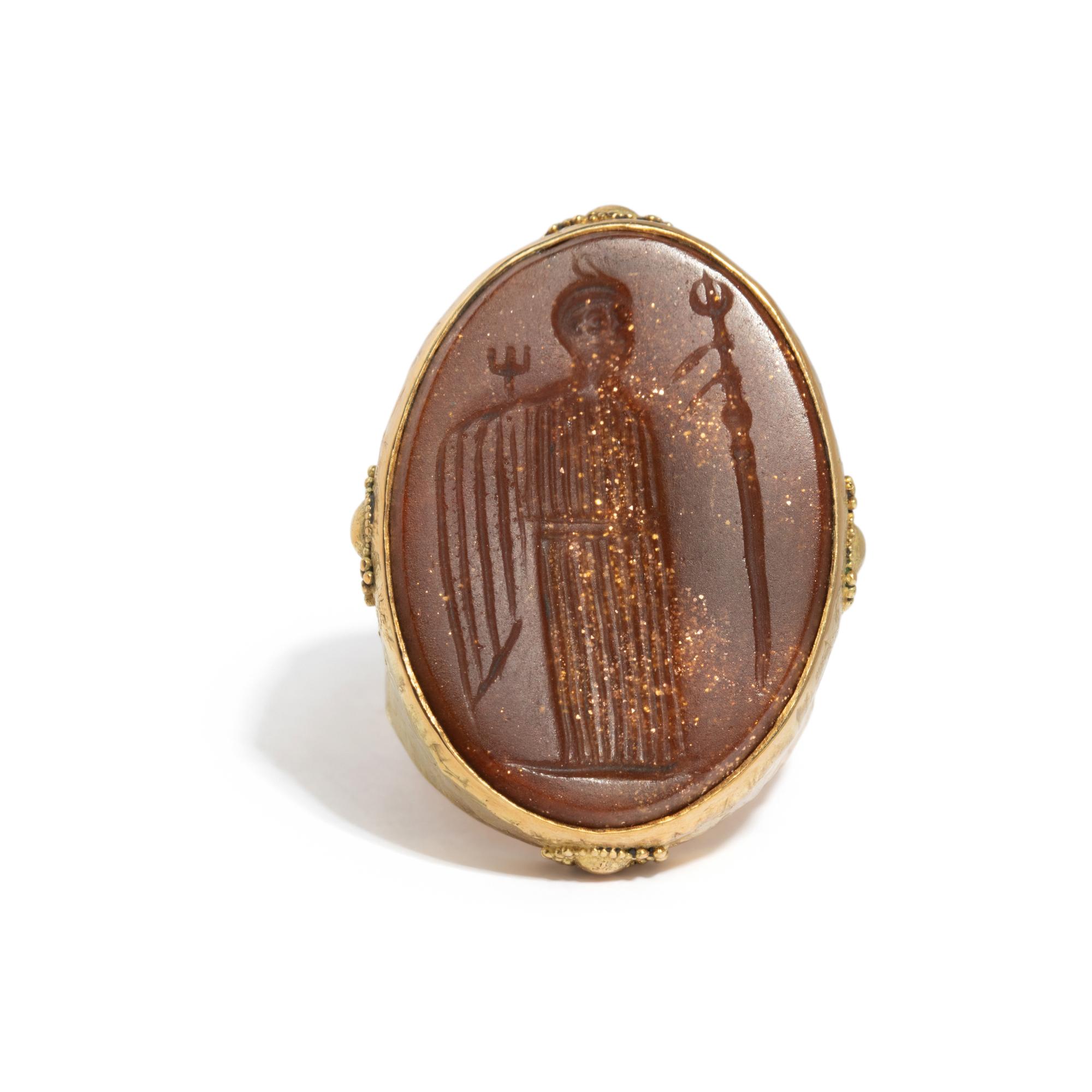 ED WIENER, YELLOW GOLD AND SUNSTONE INTAGLIO RING