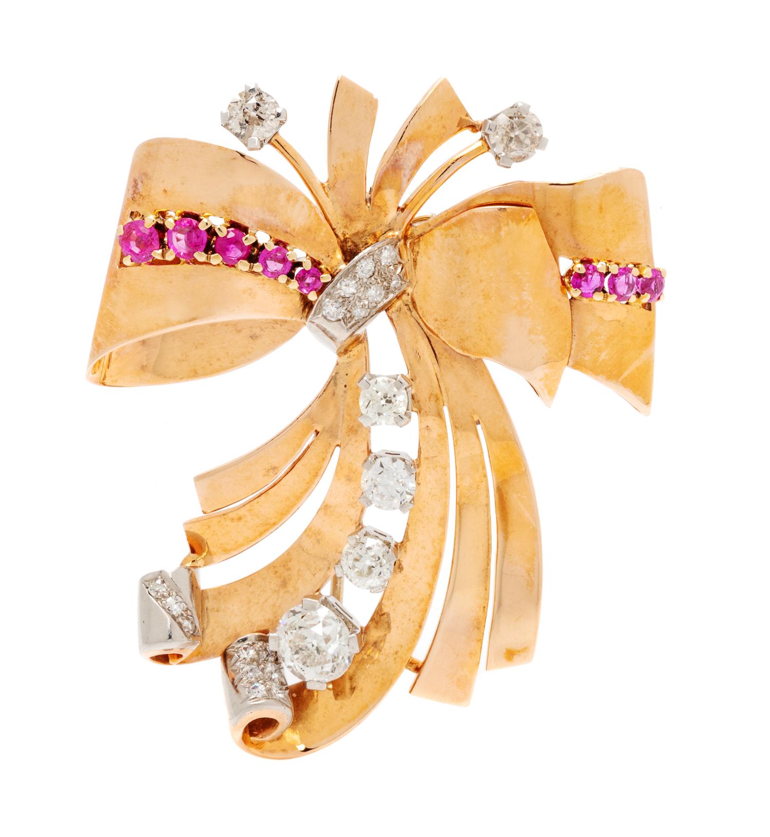 A Retro Rose Gold, Platinum, Diamond and Ruby Bow Motif Brooch, 14.00 dwts.
