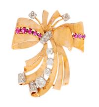 A Retro Rose Gold, Platinum, Diamond and Ruby Bow Motif Brooch, 14.00 dwts.