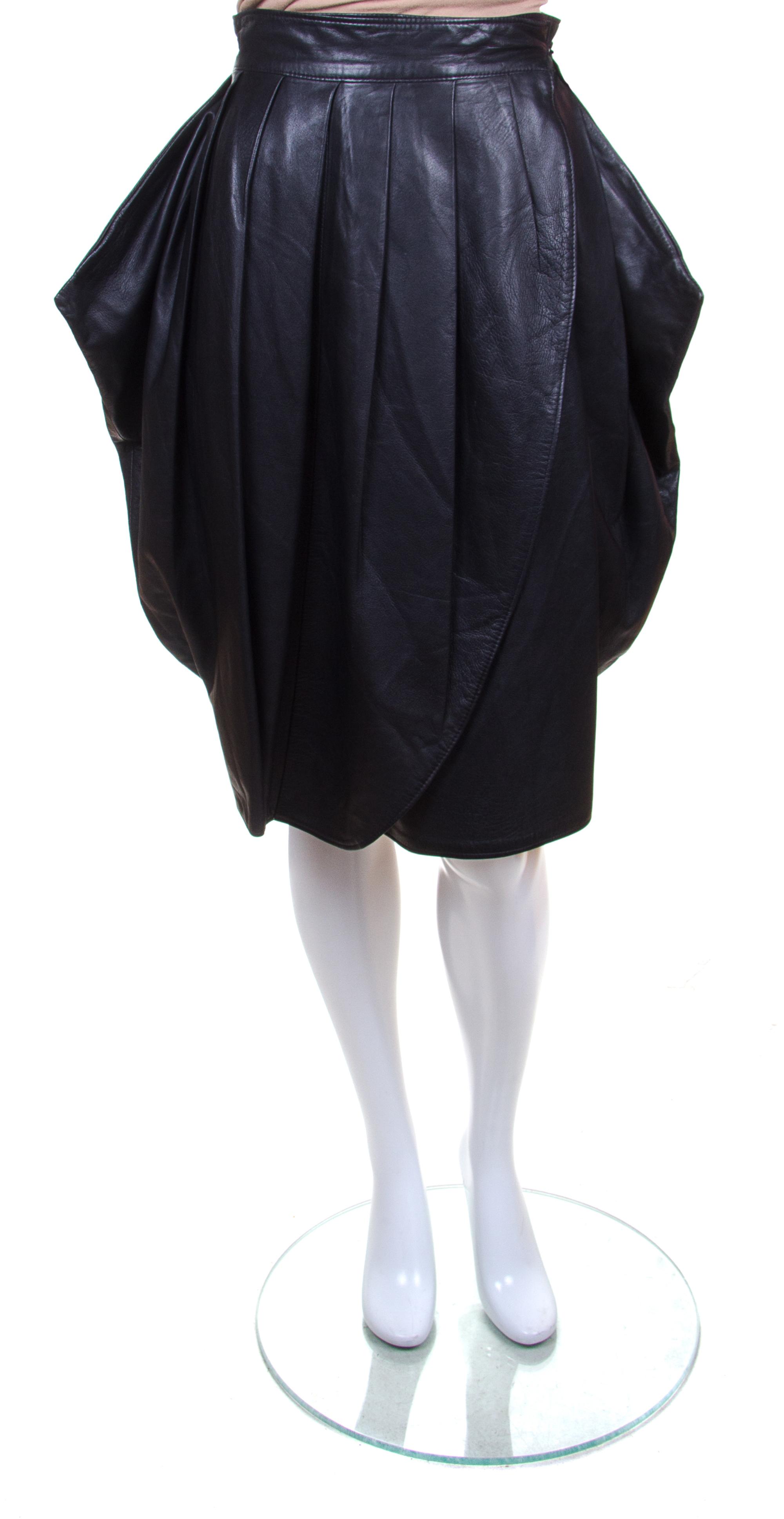 A Francis Montesinos Black Leather Pleated Wrap Skirt, Size 40.