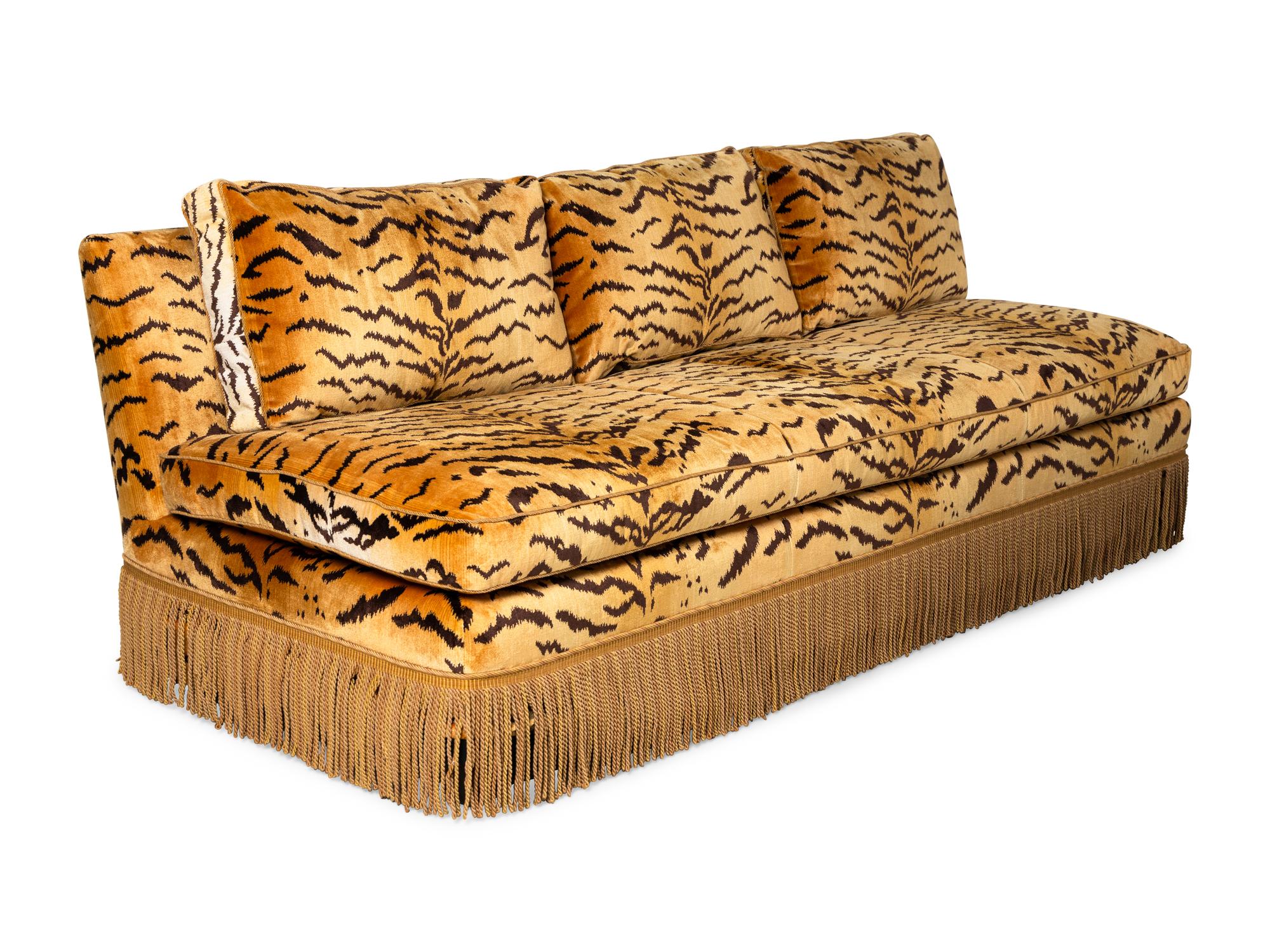 Two Tiger Velvet-Upholstered Banquette Sofas