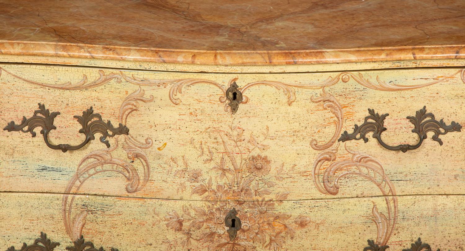 A Venetian Style Painted Faux Marble-Top Bombé Commode