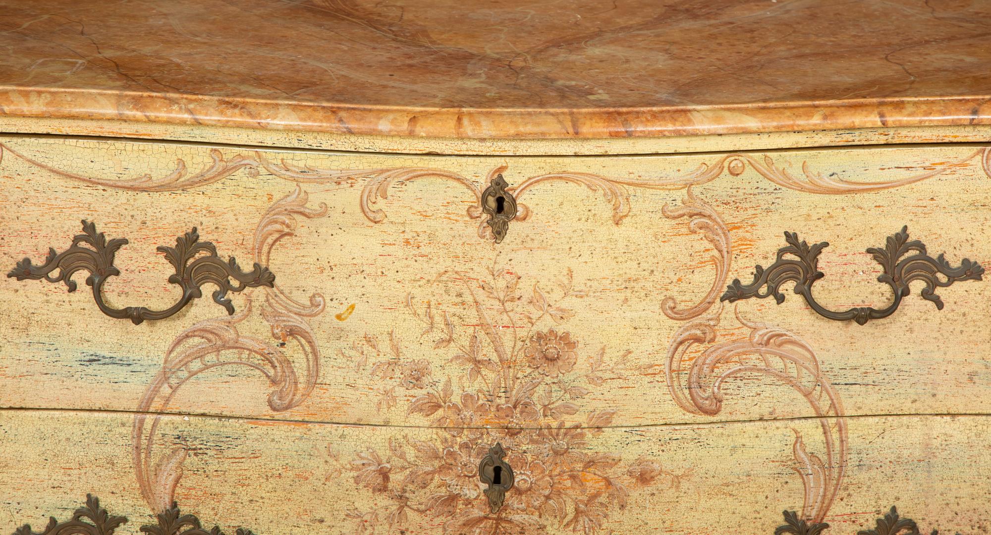 A Venetian Style Painted Faux Marble-Top Bombé Commode