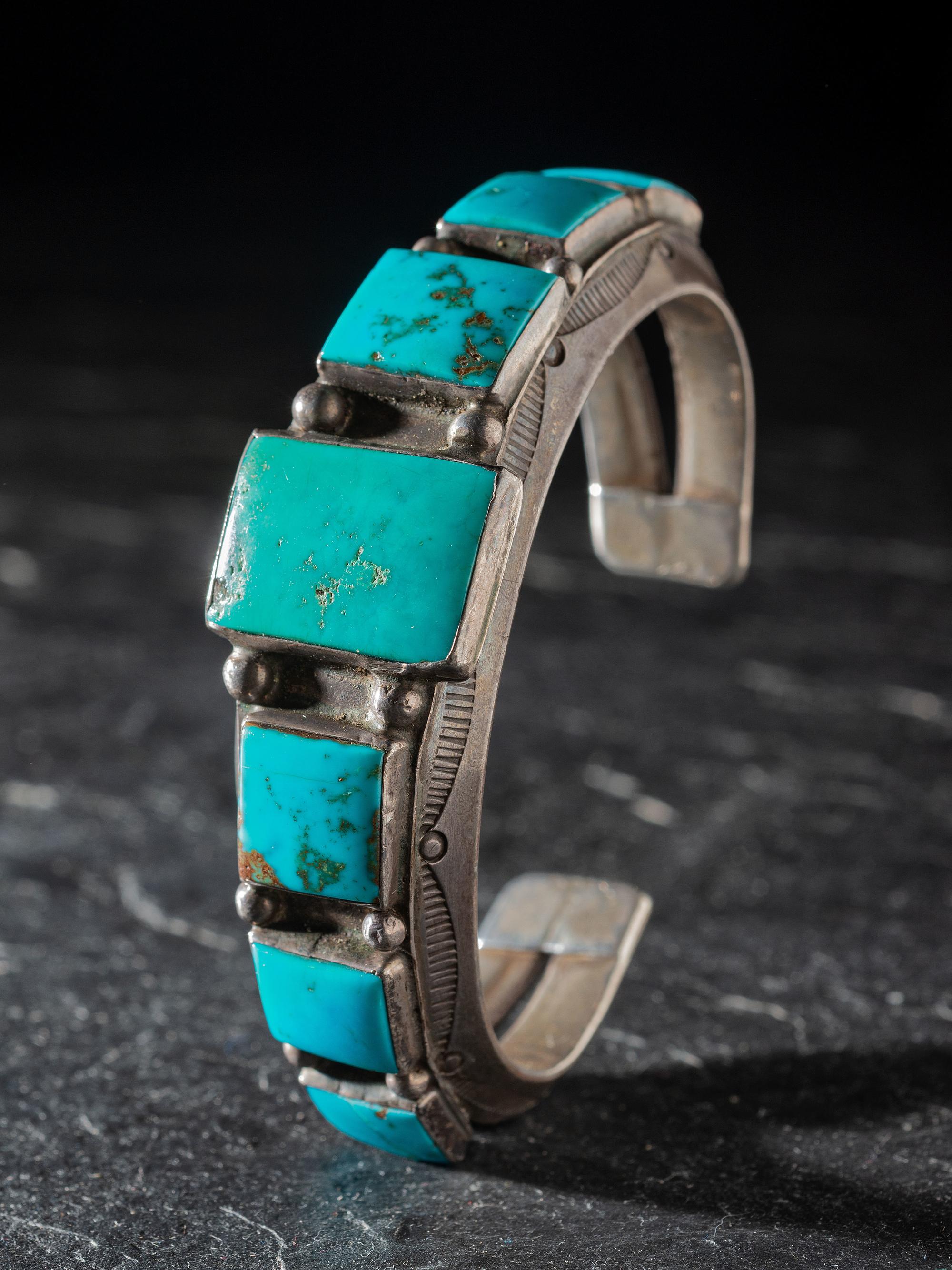 Navajo Silver and Blue Gem Turquoise Cuff Bracelet