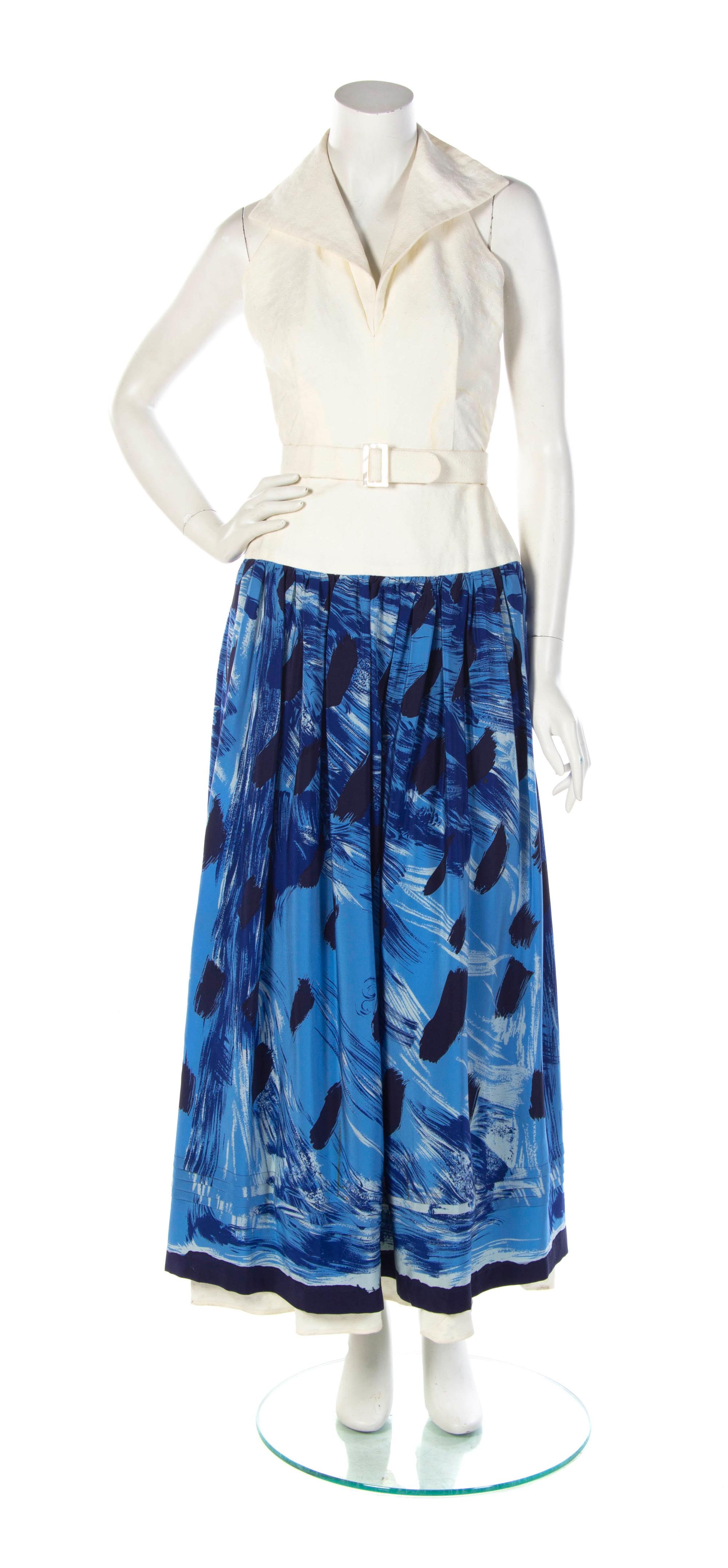 A Michaele Vollbracht Blue and White Print Halter Dress, Size S.