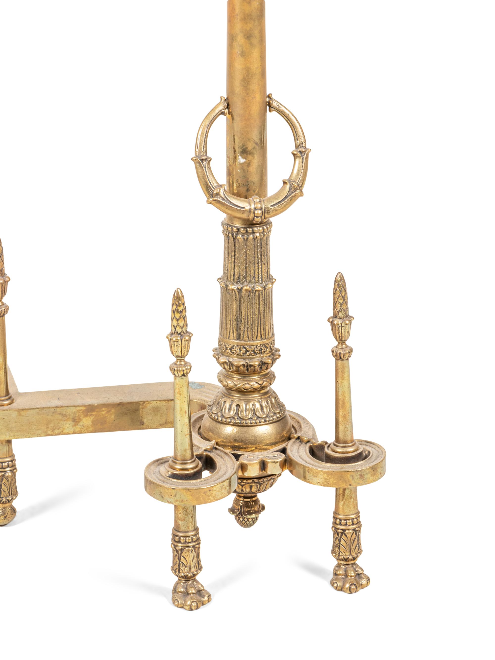 A Pair of Neoclassical Gilt Bronze Andirons with Wreath Ring Handles