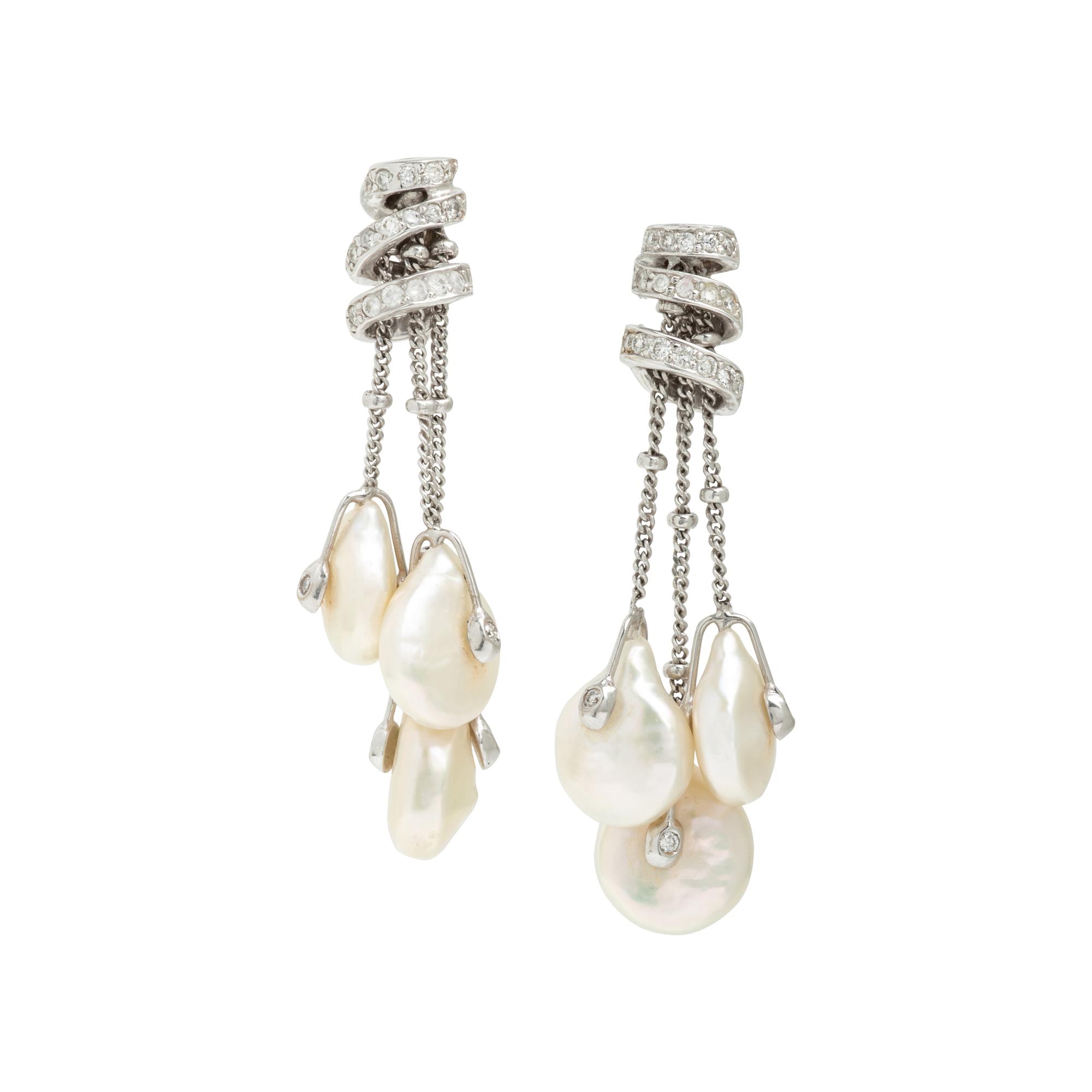 Yvel, Cultured Coin Pearl, Diamond, and White Gold Tassel Earrings
