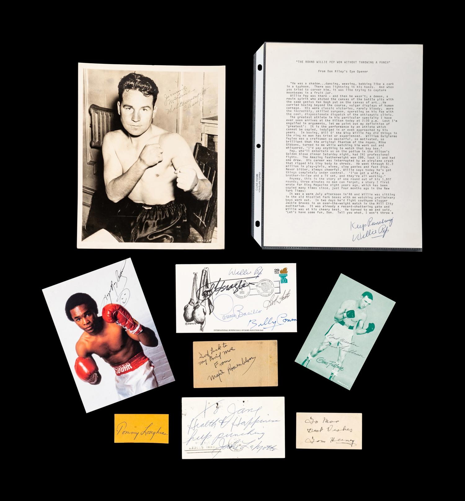 A Group of Assorted Boxing Champion Signed Autograph Items Including Sugar Ray Leonard,