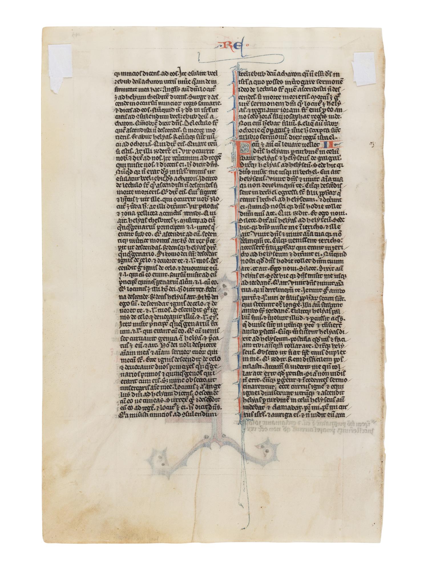 JOHANNES GRUSCH ATELIER (active Paris, c. 1235–1270) A leaf from the “Josephinum” Bible, with a historiated initial ‘P’ of King Ahaziah falling from a window, in Latin, illuminated manuscript on parchment [France, Paris, c. 1250]