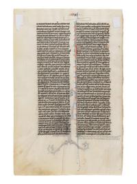 JOHANNES GRUSCH ATELIER (active Paris, c. 1235–1270) A leaf from the “Josephinum” Bible, with a historiated initial ‘P’ of King Ahaziah falling from a window, in Latin, illuminated manuscript on parchment [France, Paris, c. 1250]