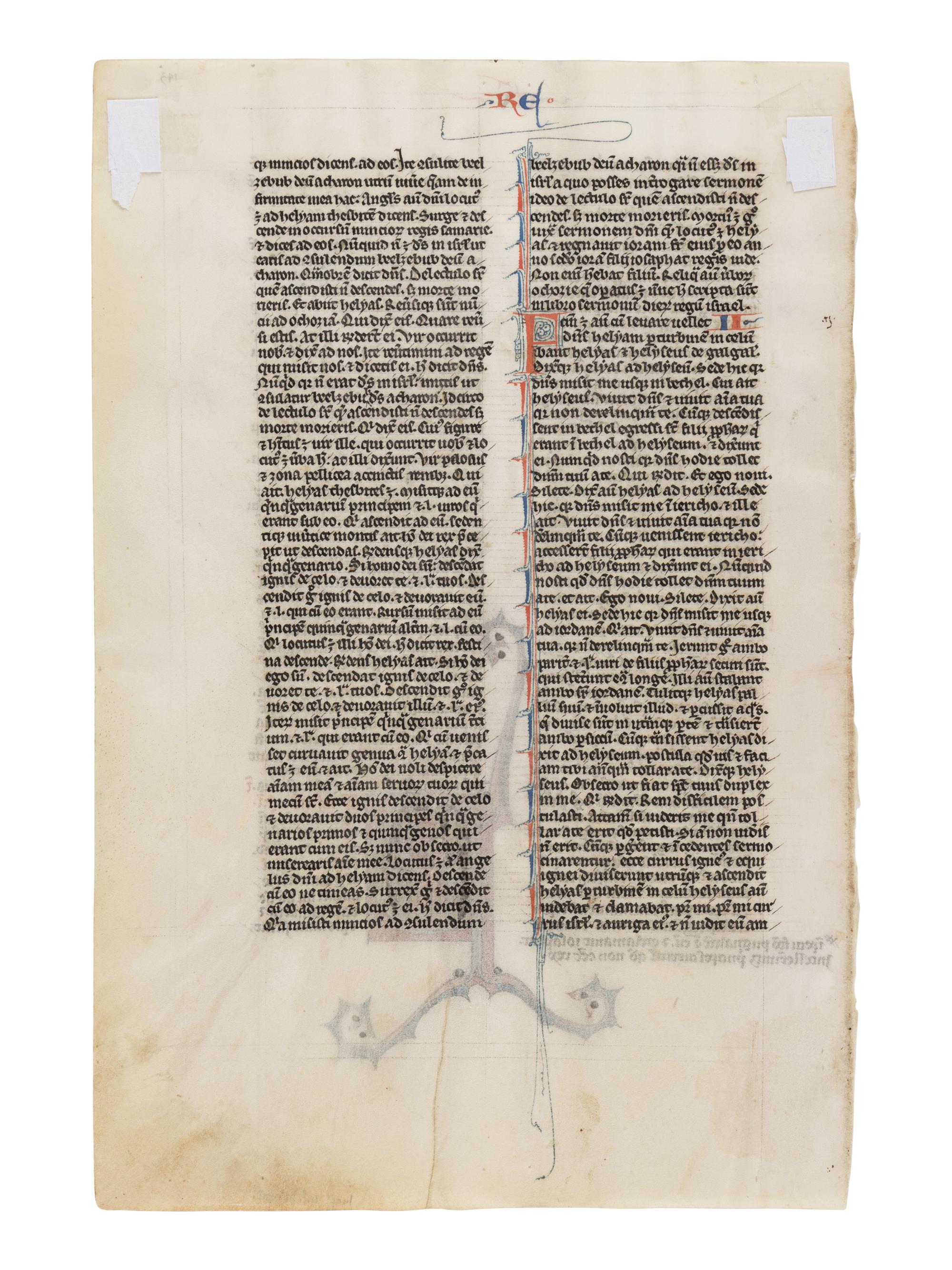 JOHANNES GRUSCH ATELIER (active Paris, c. 1235–1270) A leaf from the “Josephinum” Bible, with a historiated initial ‘P’ of King Ahaziah falling from a window, in Latin, illuminated manuscript on parchment [France, Paris, c. 1250]