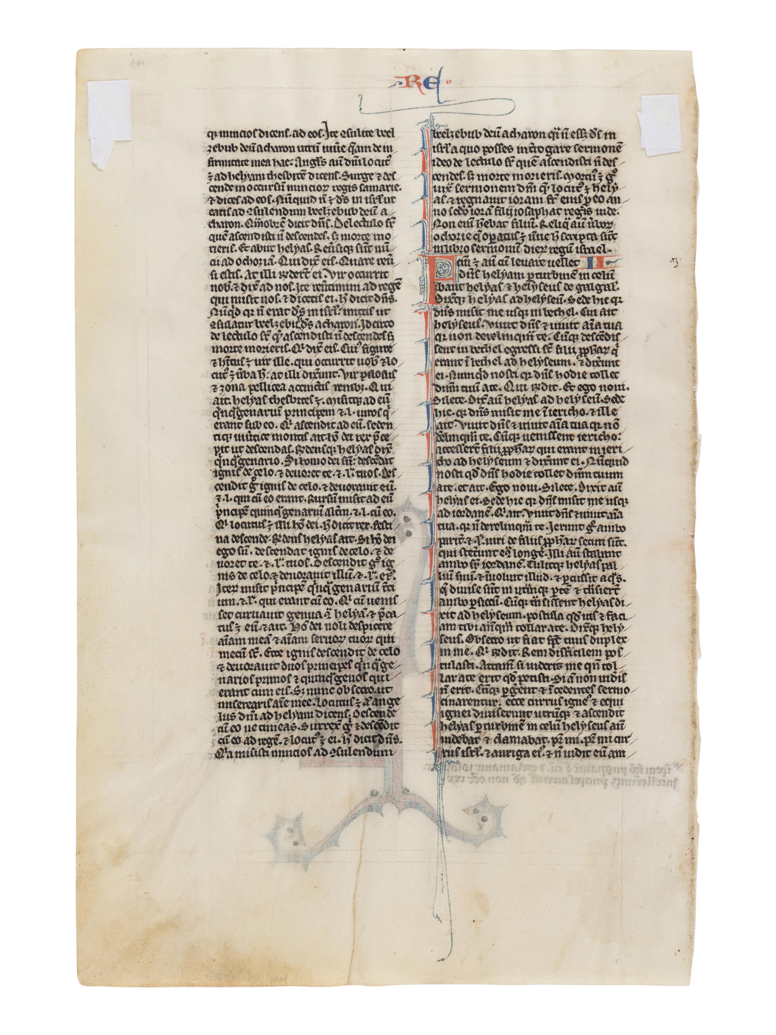 JOHANNES GRUSCH ATELIER (active Paris, c. 1235–1270) A leaf from the “Josephinum” Bible, with a historiated initial ‘P’ of King Ahaziah falling from a window, in Latin, illuminated manuscript on parchment [France, Paris, c. 1250]