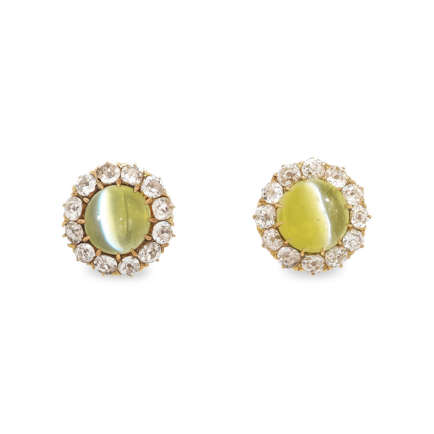 CAT'S EYE CHRYSOBERYL AND DIAMOND EARRINGS