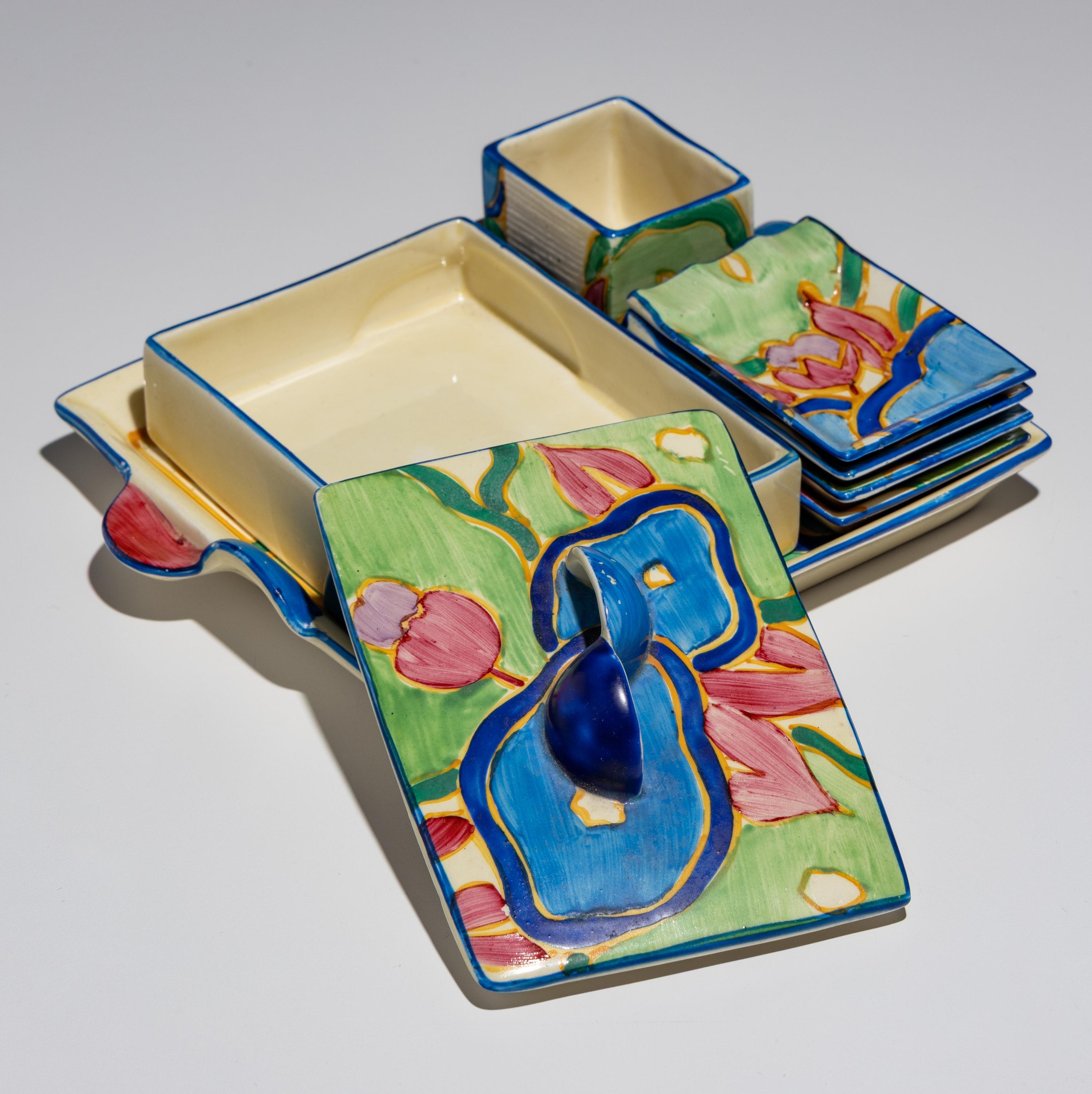 Clarice Cliff (English, 1899–1972) — Blue Chintz pattern 7 piece Tea Tray