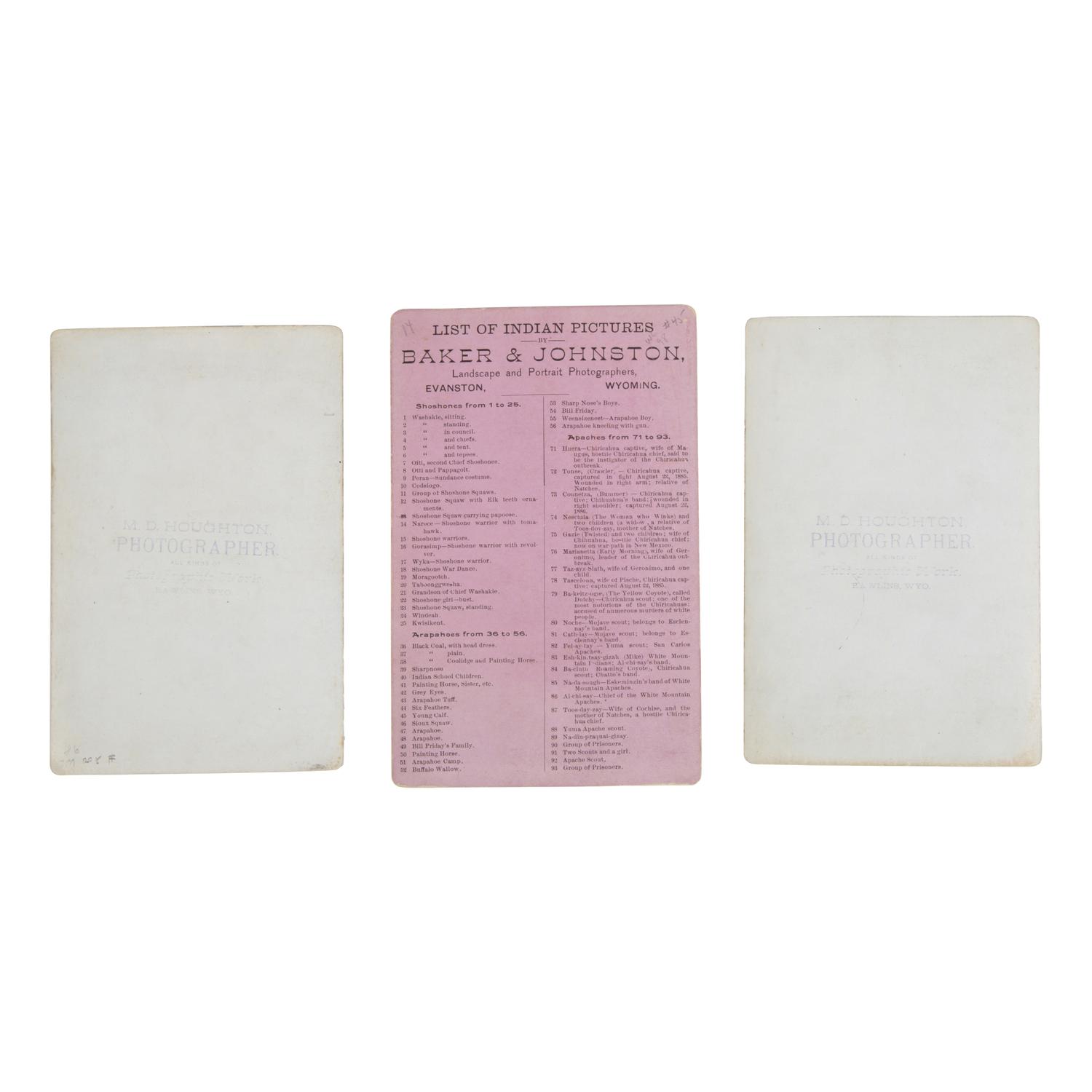 [Native Americana]. A group of 3 cabinet cards of Shoshone and Arapaho Indians by Houghton, Baker and Johnston.