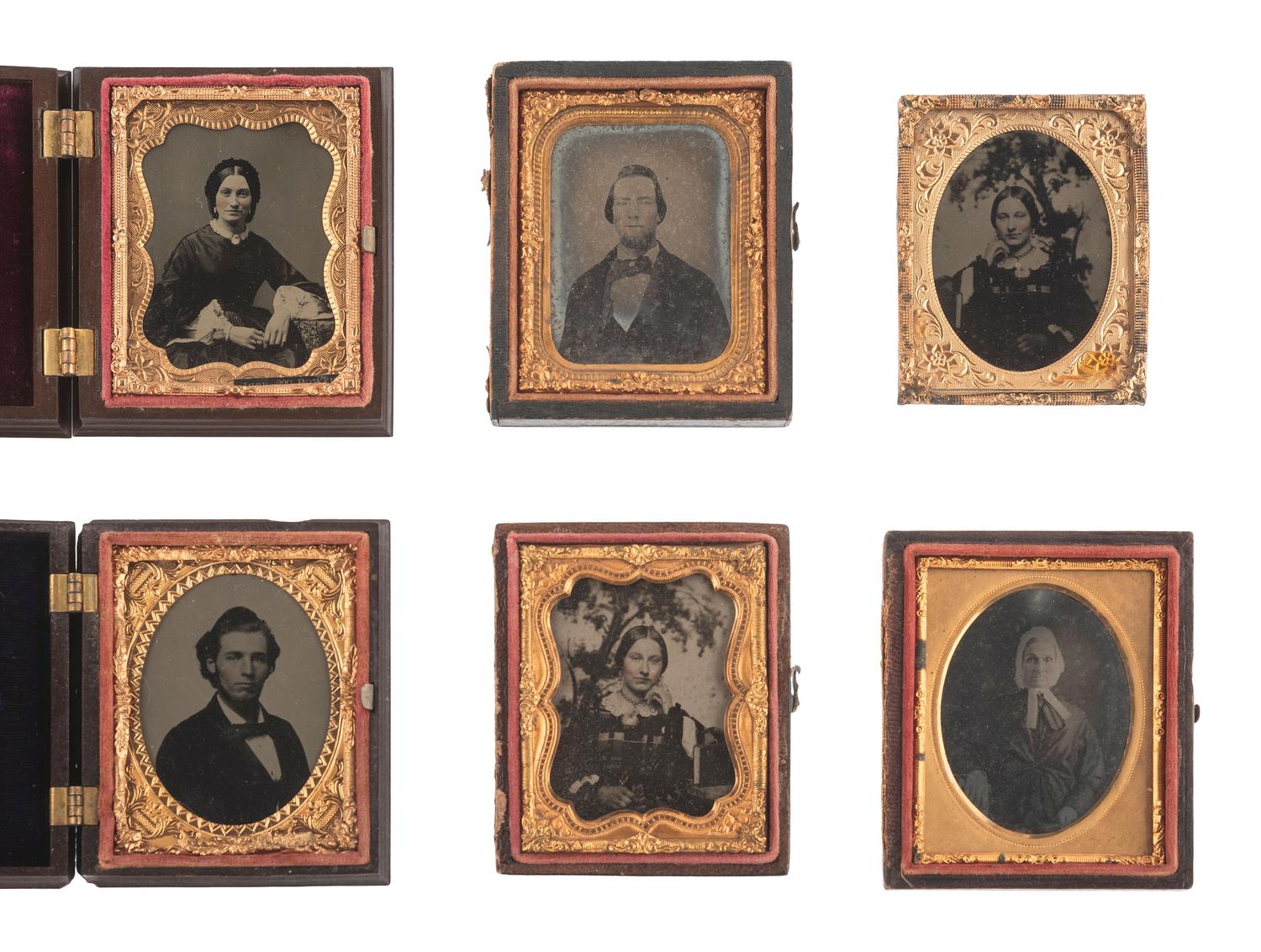[EARLY PHOTOGRAPHY]. 57 sixth and ninth plate ambrotypes and tintypes of men and women.