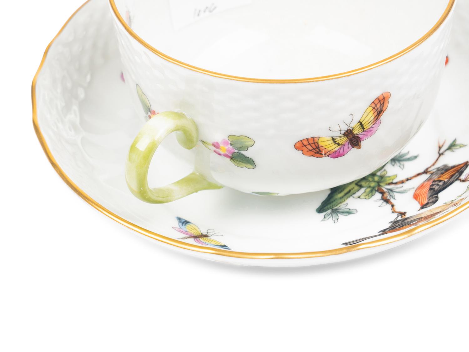 A Set of Eight Herend Rothschild Bird Porcelain Teacups and Saucers