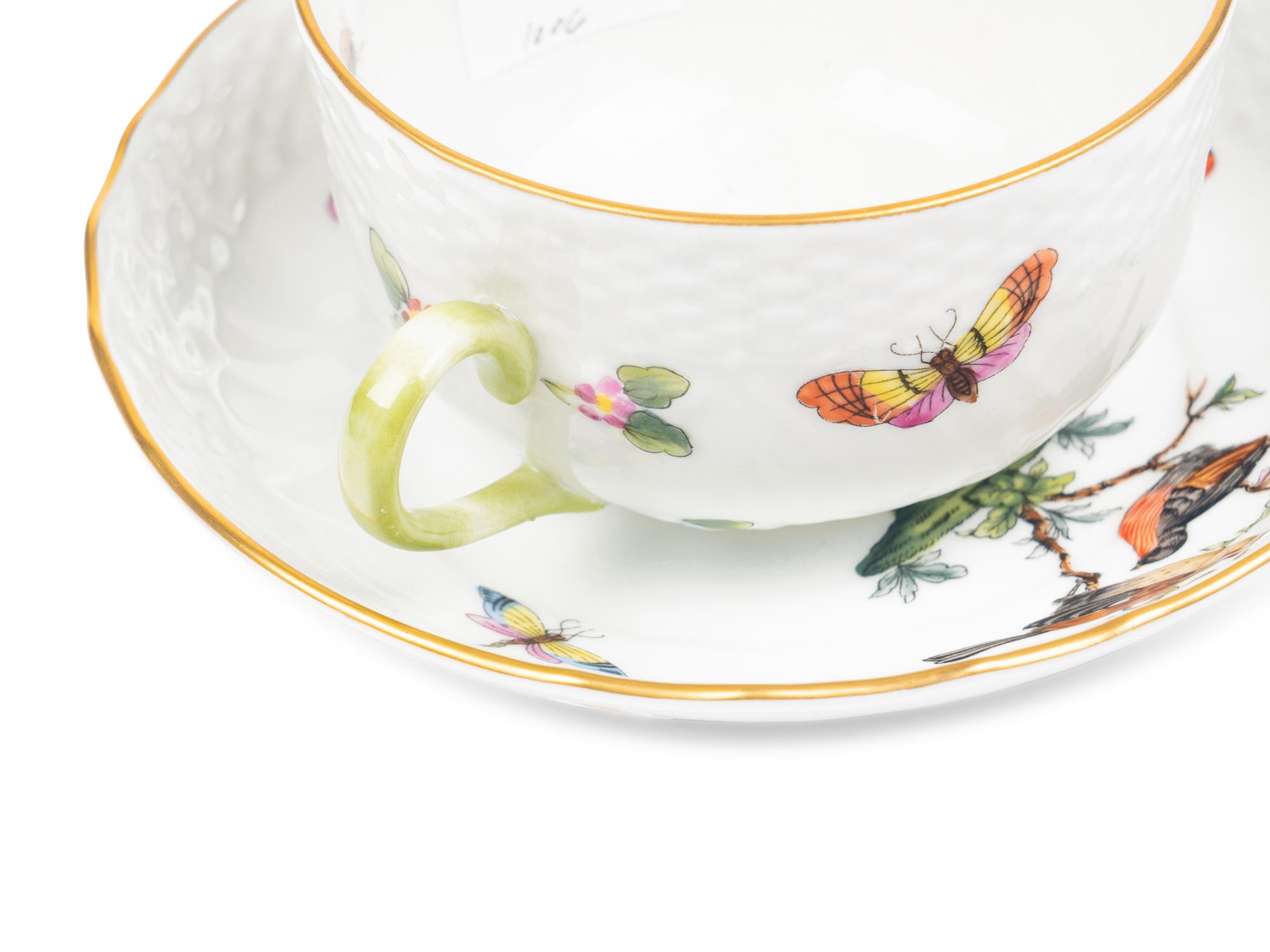 A Set of Eight Herend Rothschild Bird Porcelain Teacups and Saucers