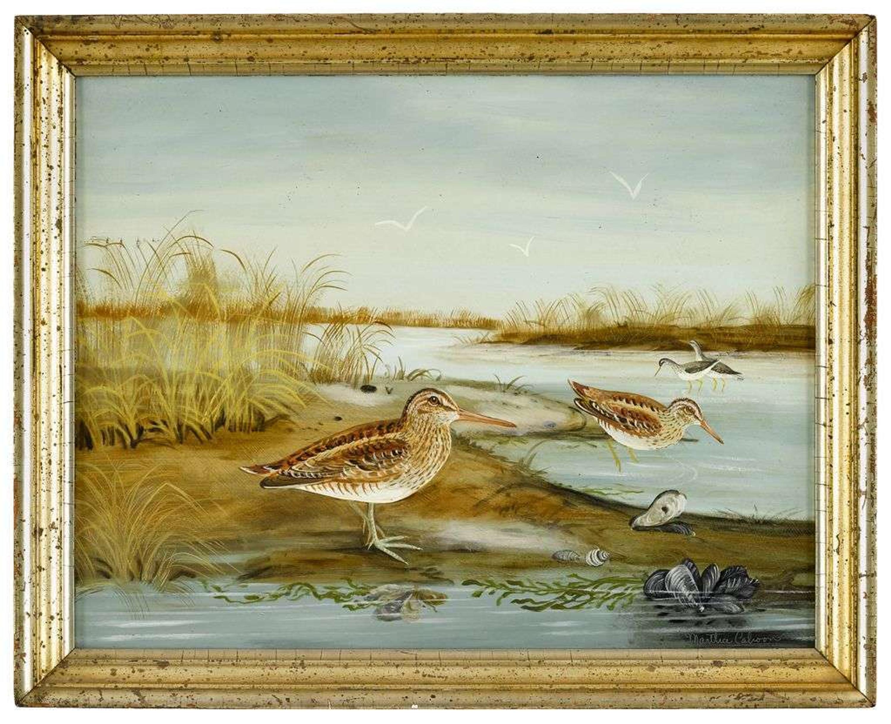 Martha Cahoon (1905-1999) sandpipers and muscles on shore