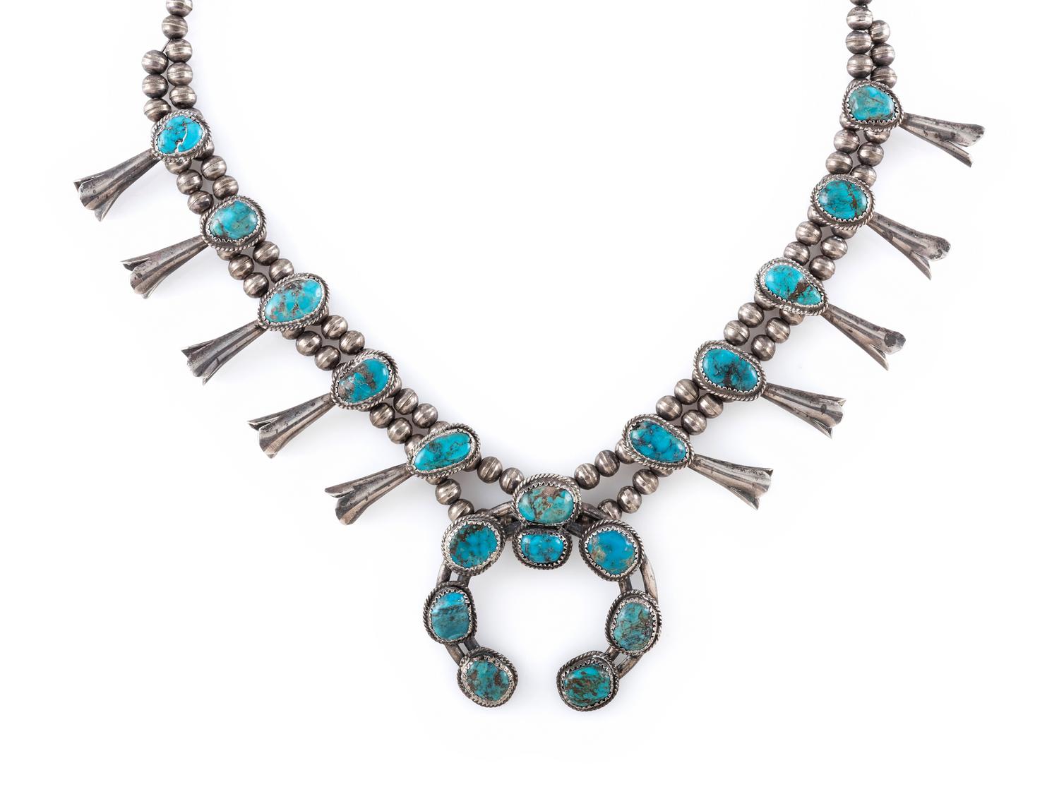 Petit Navajo Silver and Turquoise Squash Blossom Necklace