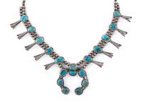 Petit Navajo Silver and Turquoise Squash Blossom Necklace