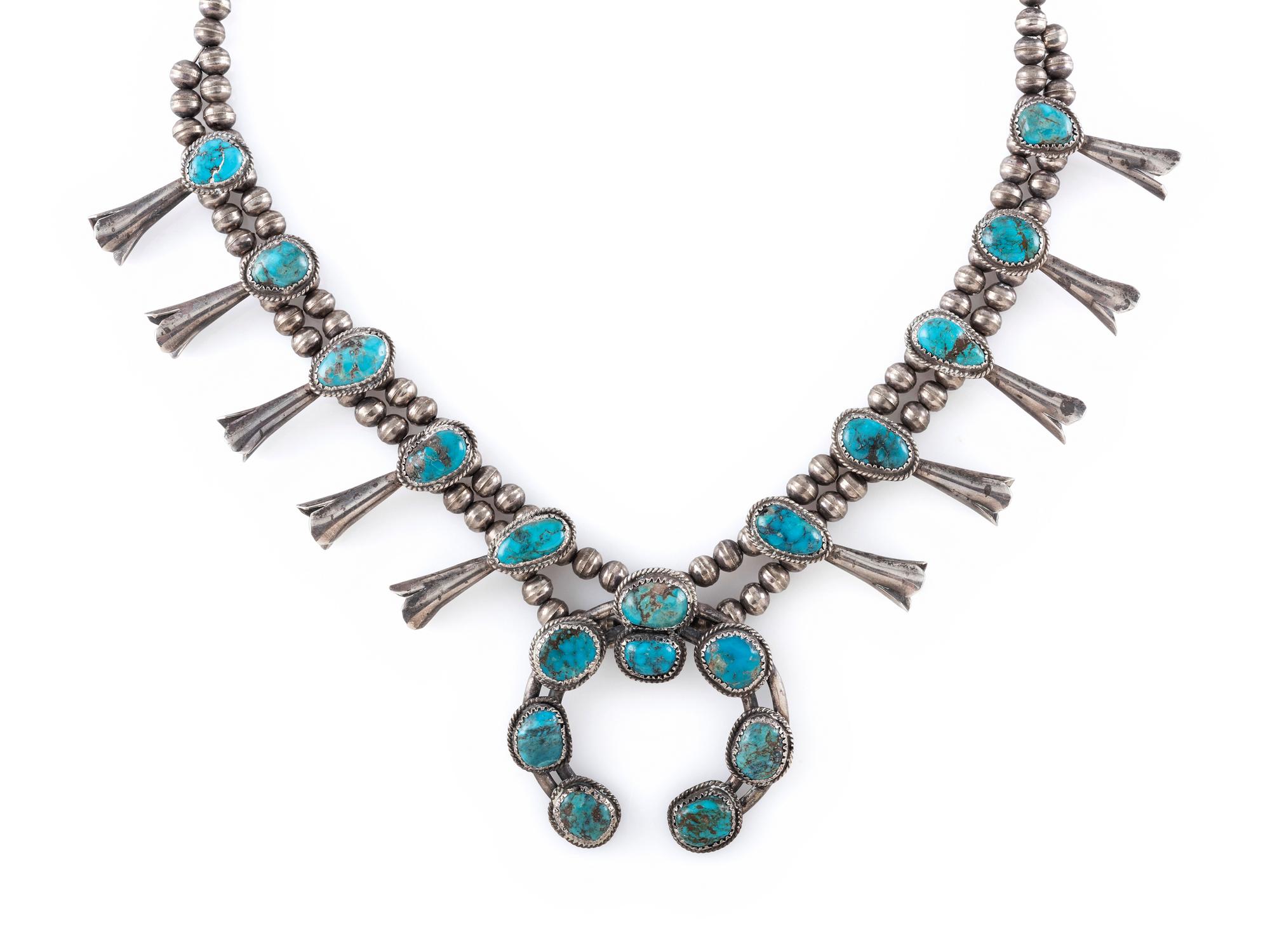 Petit Navajo Silver and Turquoise Squash Blossom Necklace