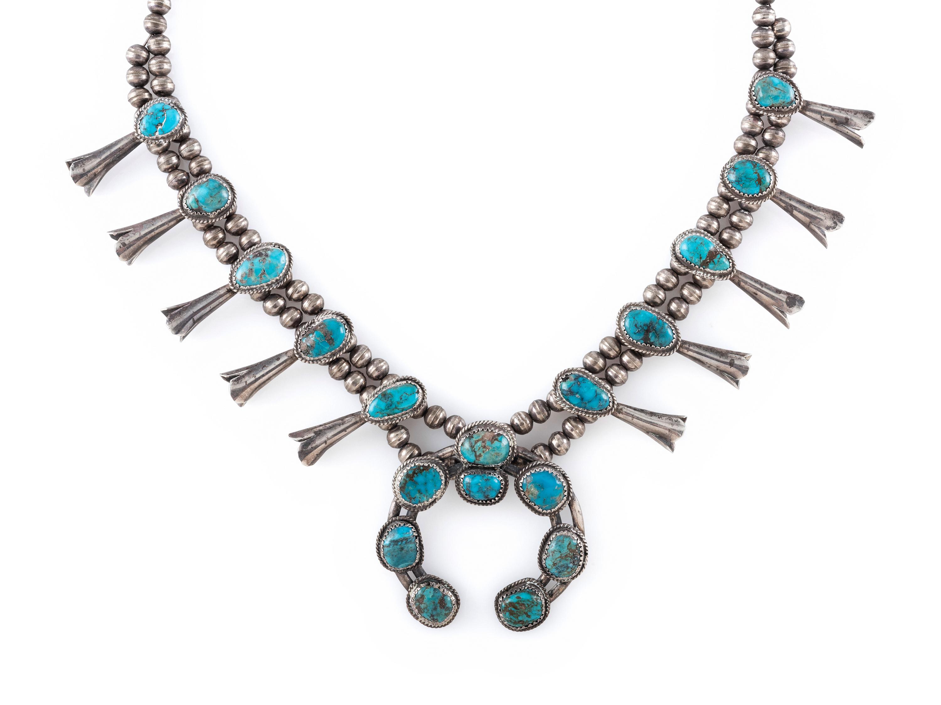 Petit Navajo Silver and Turquoise Squash Blossom Necklace