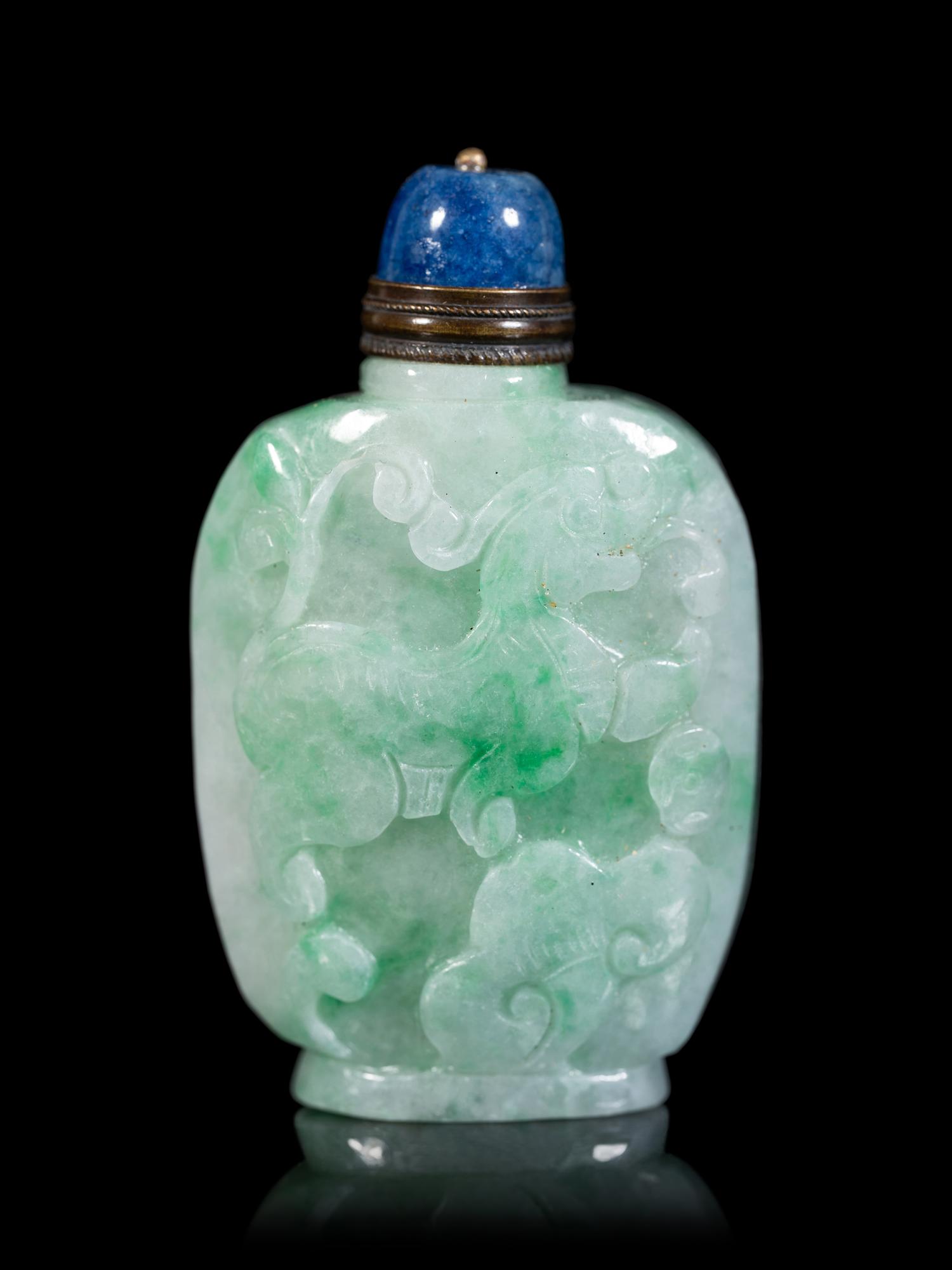 An Apple Green and Pale Celadon Jadeite Snuff Bottle