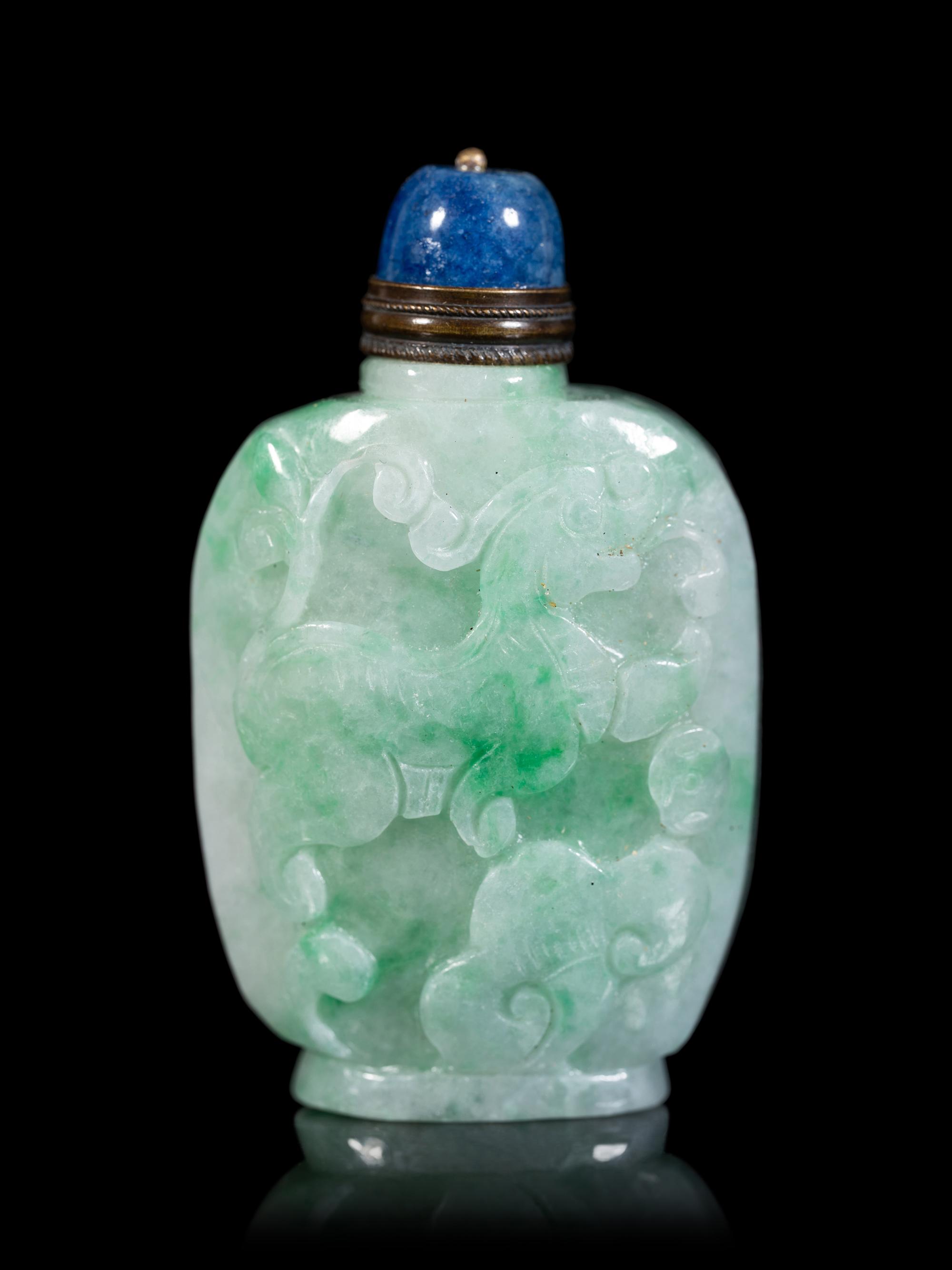 An Apple Green and Pale Celadon Jadeite Snuff Bottle