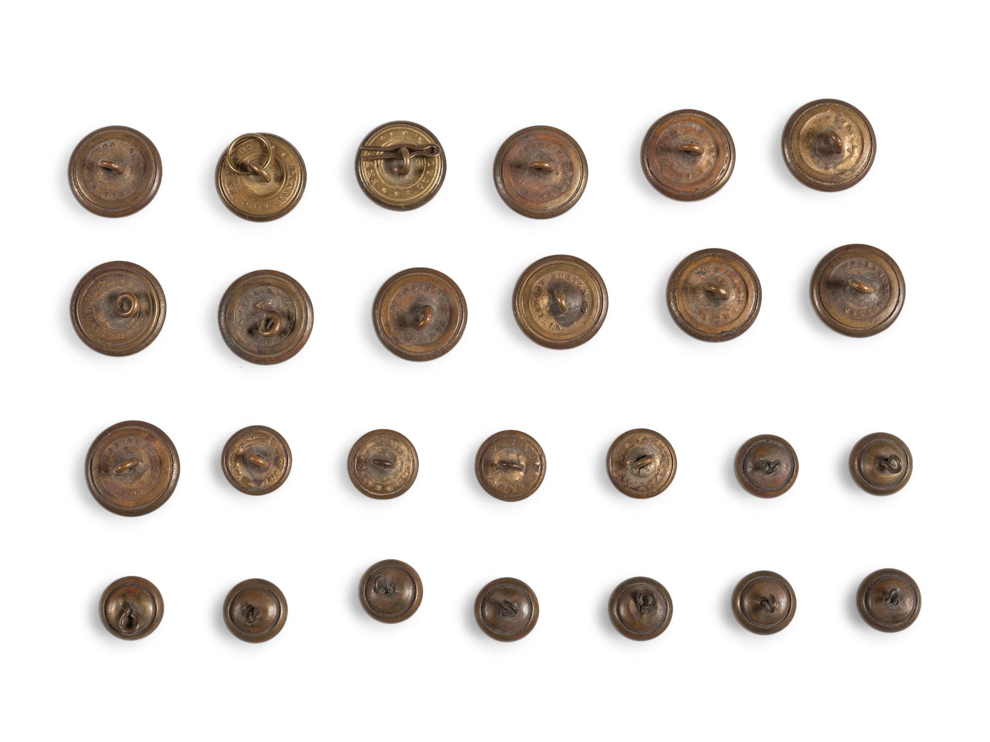Civil War-period 1861 patent button polisher, button rings, fasteners, and buttons.