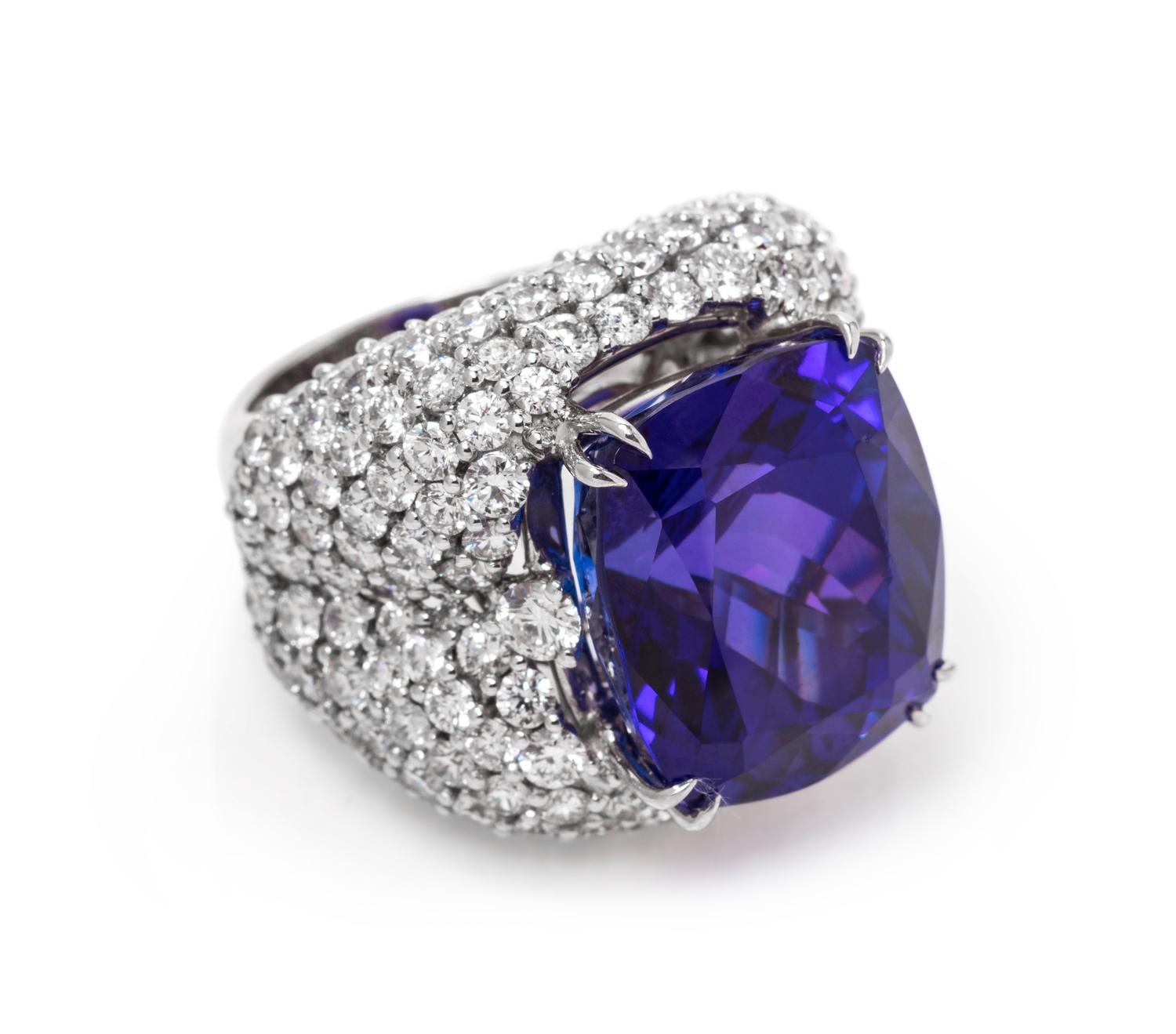 An 18 Karat White Gold, Diamond and Tanzanite Ring,