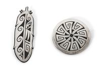 Two Hopi Silver Overlay Pendant/Brooches, Ramon Dalangyawma Length of longest 3 3/8 inches.