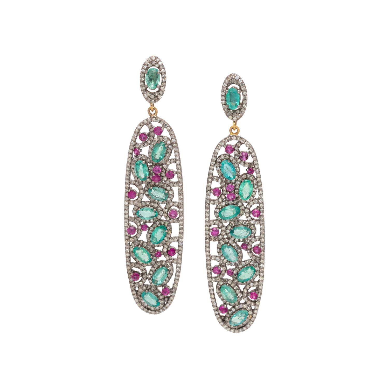 EMERALD, RUBY AND DIAMOND EARRINGS