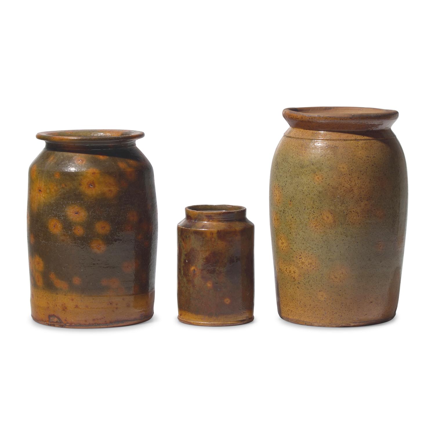 Three Galena Glazed Redware Crocks