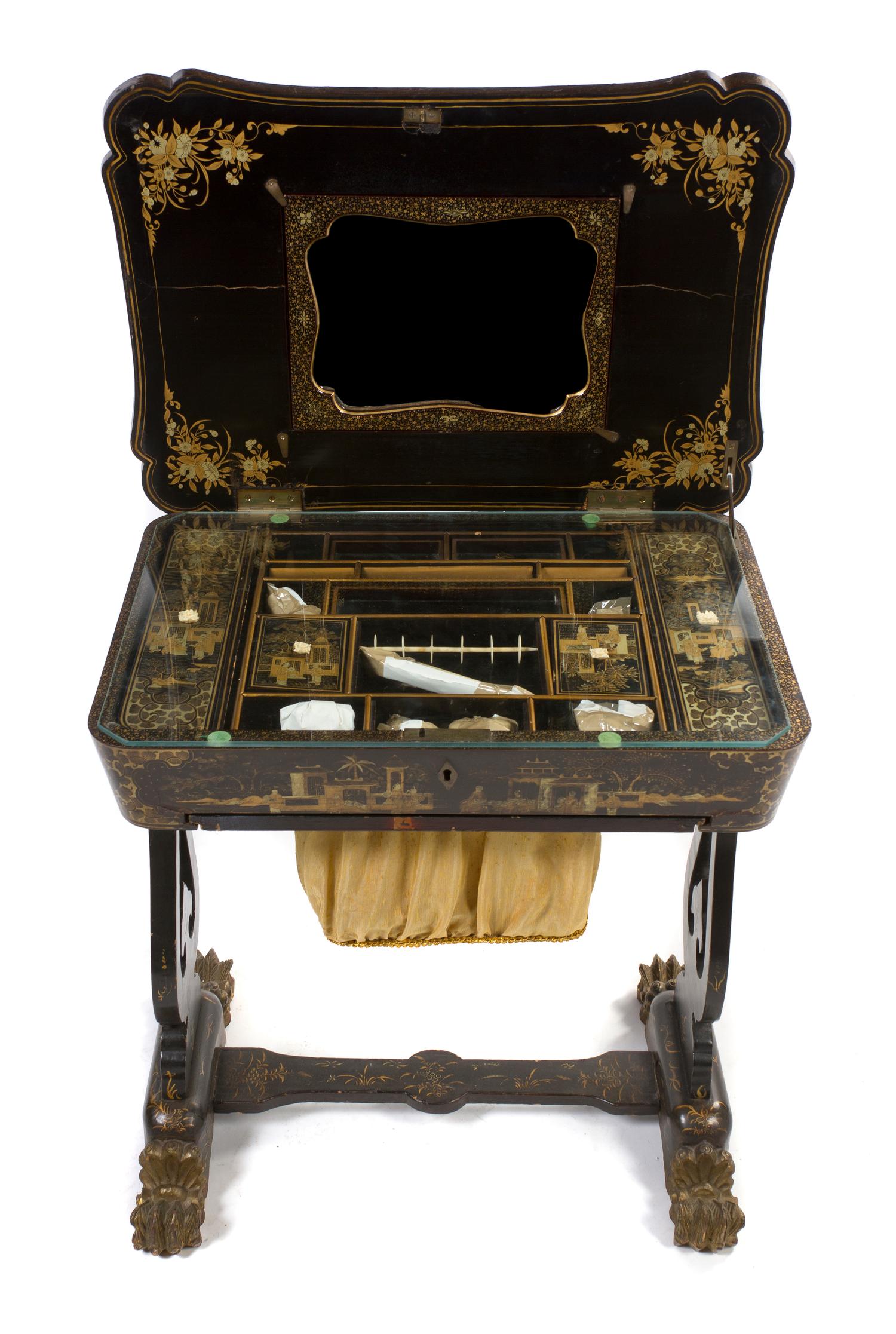 A Chinese Export Lacquered Sewing Table, Height 27 x width 25 3/4 x depth 16 3/4 inches.