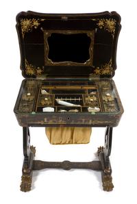 A Chinese Export Lacquered Sewing Table, Height 27 x width 25 3/4 x depth 16 3/4 inches.