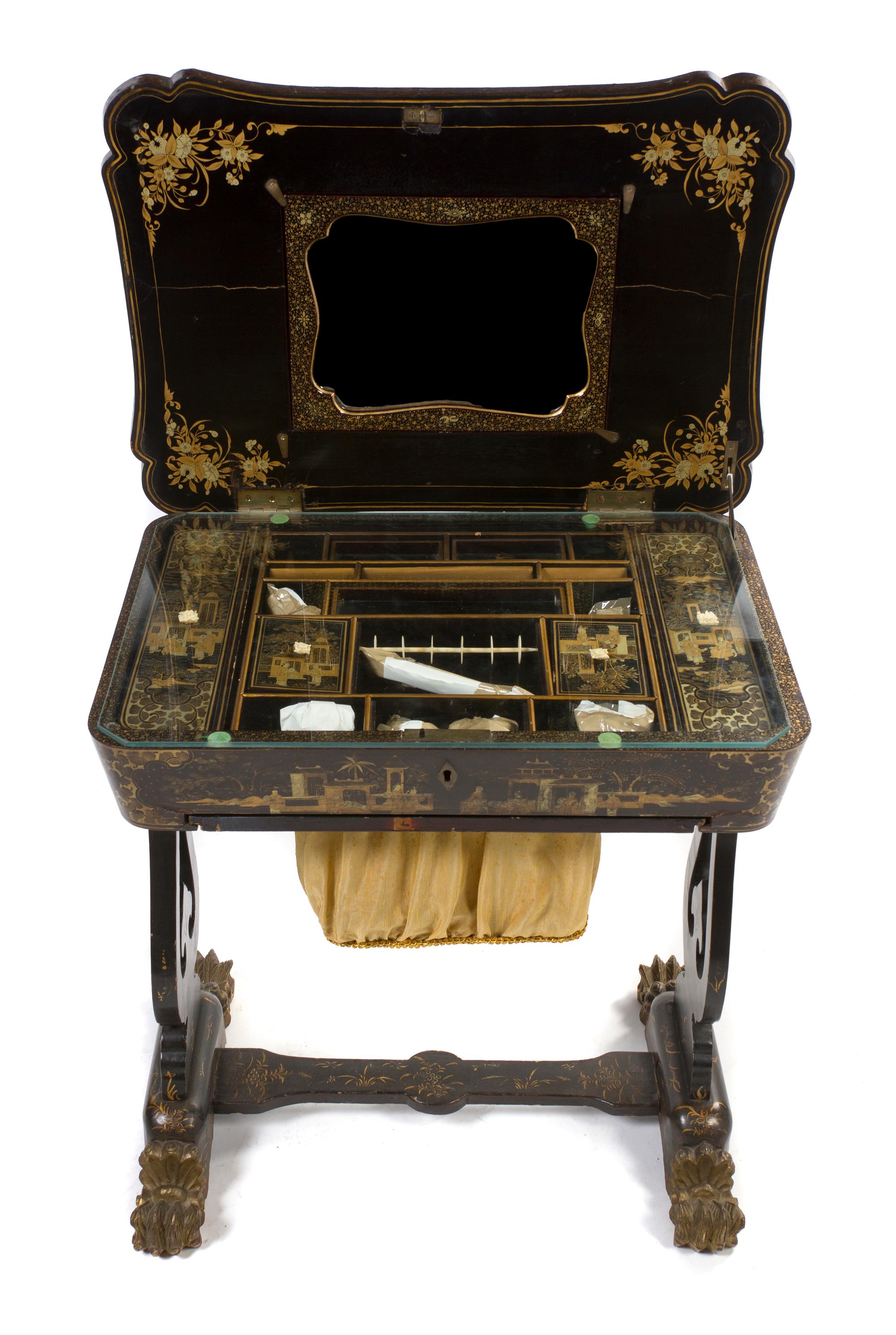 A Chinese Export Lacquered Sewing Table, Height 27 x width 25 3/4 x depth 16 3/4 inches.