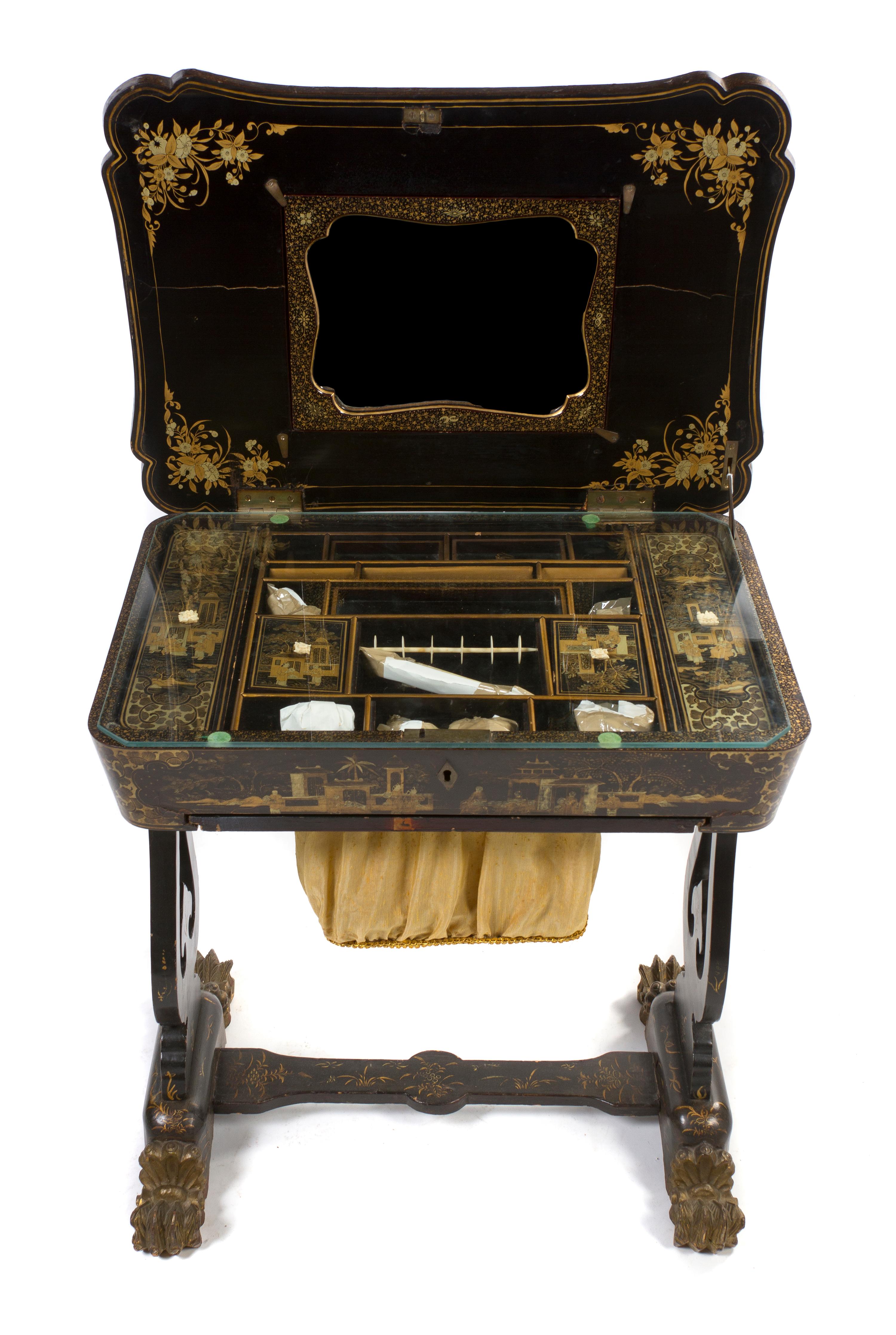 A Chinese Export Lacquered Sewing Table, Height 27 x width 25 3/4 x depth 16 3/4 inches.