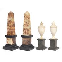 A Pair of Continental Onyx Obelisks and a Pair of English Marble Urn Ornaments