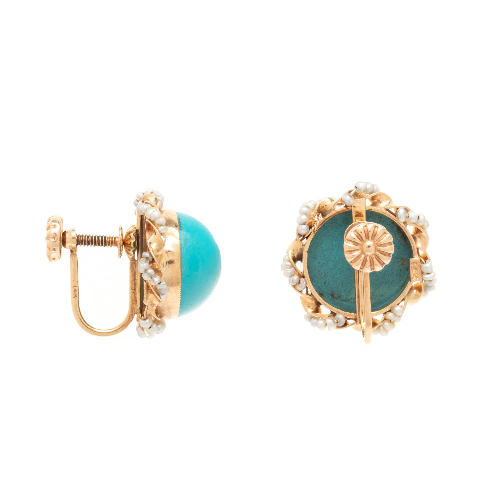 YELLOW GOLD, TREATED TURQUOISE AND SEED PEARL EARCLIPS