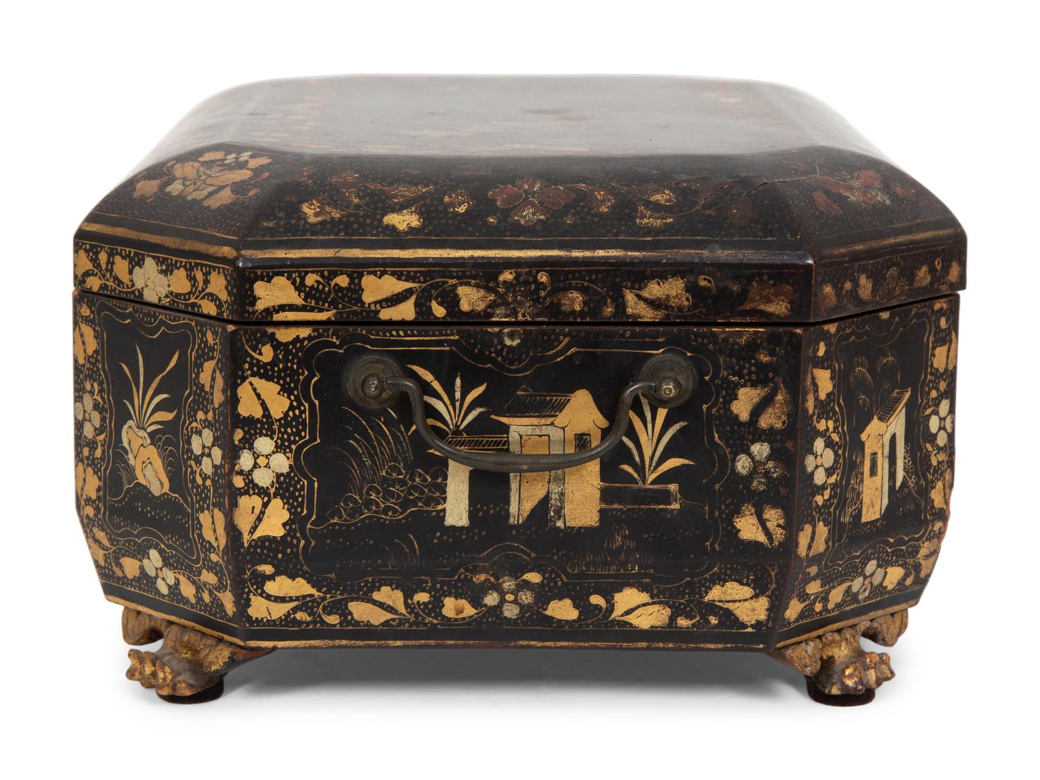 An English Chinoiserie Black and Gilt Lacquer Sewing Box