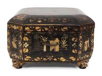 An English Chinoiserie Black and Gilt Lacquer Sewing Box