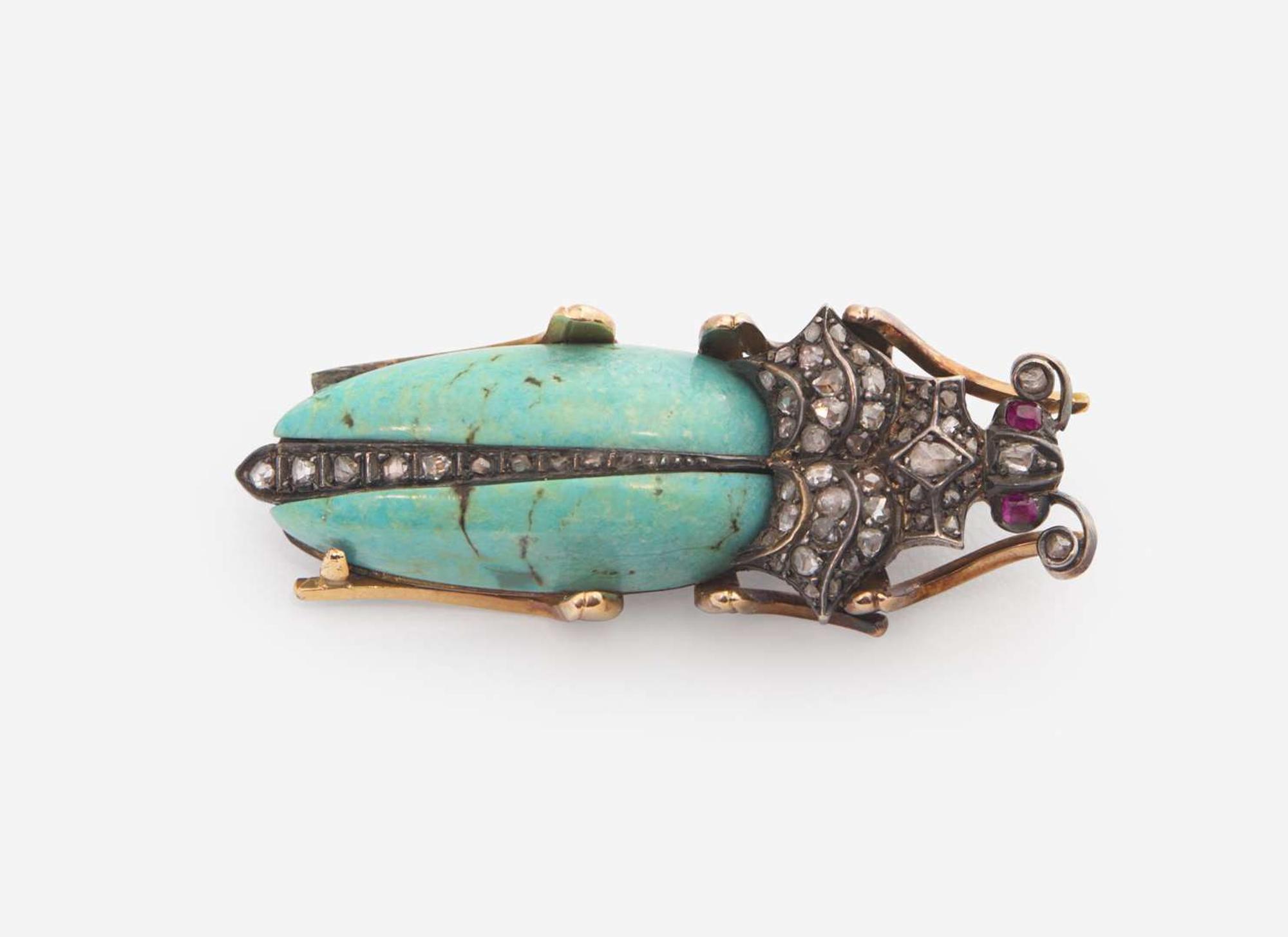 A Turquoise, Ruby, and Diamond Beetle Brooch