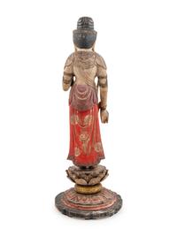 A Carved and Polychrome Lacquered Wood Standing Buddha