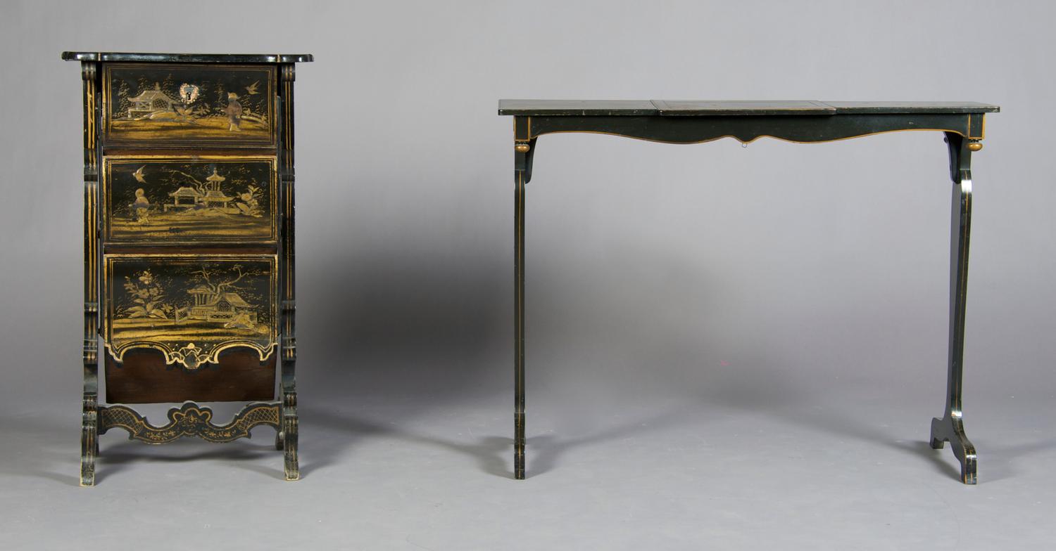 A Chinese Lacquered and Parcel Gilt Console, Height of first 27 1/4 x width 36 1/2 x depth 11 inches.