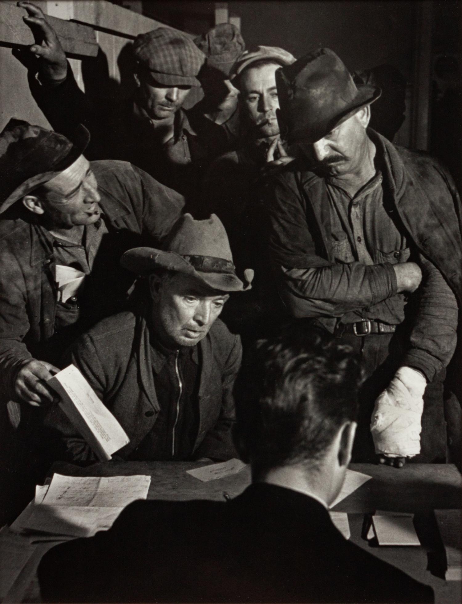 A group of five photographs ( Streets of San Francisco - Winos Arguing , 1936 (printed 1990); Ma Joad #4, Crying , 1938 (printed 1990); Winfield with Rabbit , 1938 (printed 1990); Migrant Writing Home , 1938 (printed 1990); Joad Family Applying for Relief Aid , 1938 (printed later)