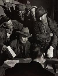 A group of five photographs ( Streets of San Francisco - Winos Arguing , 1936 (printed 1990); Ma Joad #4, Crying , 1938 (printed 1990); Winfield with Rabbit , 1938 (printed 1990); Migrant Writing Home , 1938 (printed 1990); Joad Family Applying for Relief Aid , 1938 (printed later)