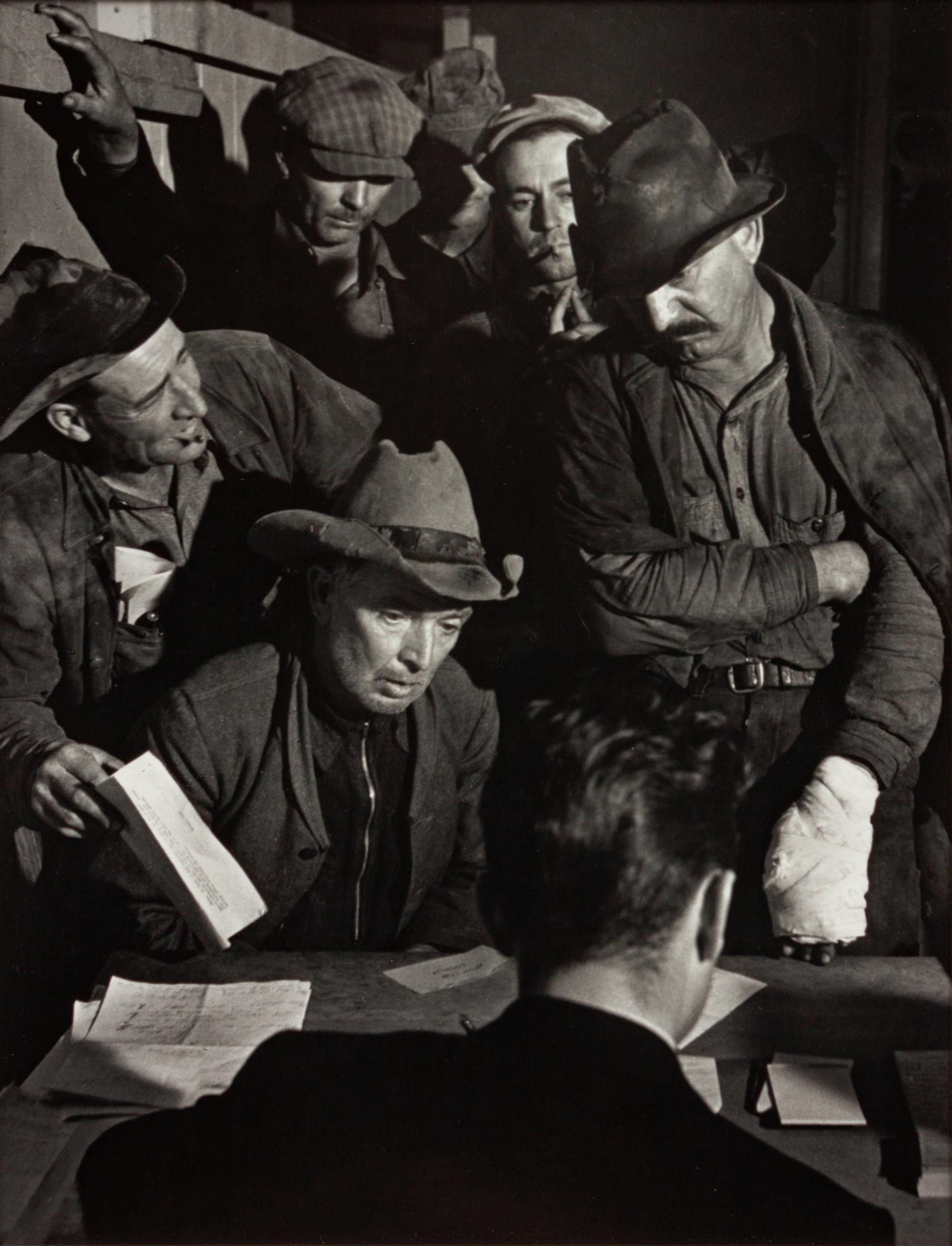 A group of five photographs ( Streets of San Francisco - Winos Arguing , 1936 (printed 1990); Ma Joad #4, Crying , 1938 (printed 1990); Winfield with Rabbit , 1938 (printed 1990); Migrant Writing Home , 1938 (printed 1990); Joad Family Applying for Relief Aid , 1938 (printed later)