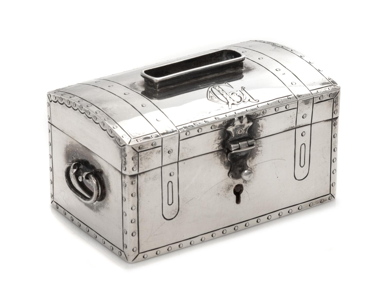An Austrian Silver Tzedakah Box, Maker's Mark M-K, Vienna, 1858, in the form of a strong box, the lid with a coin slot.