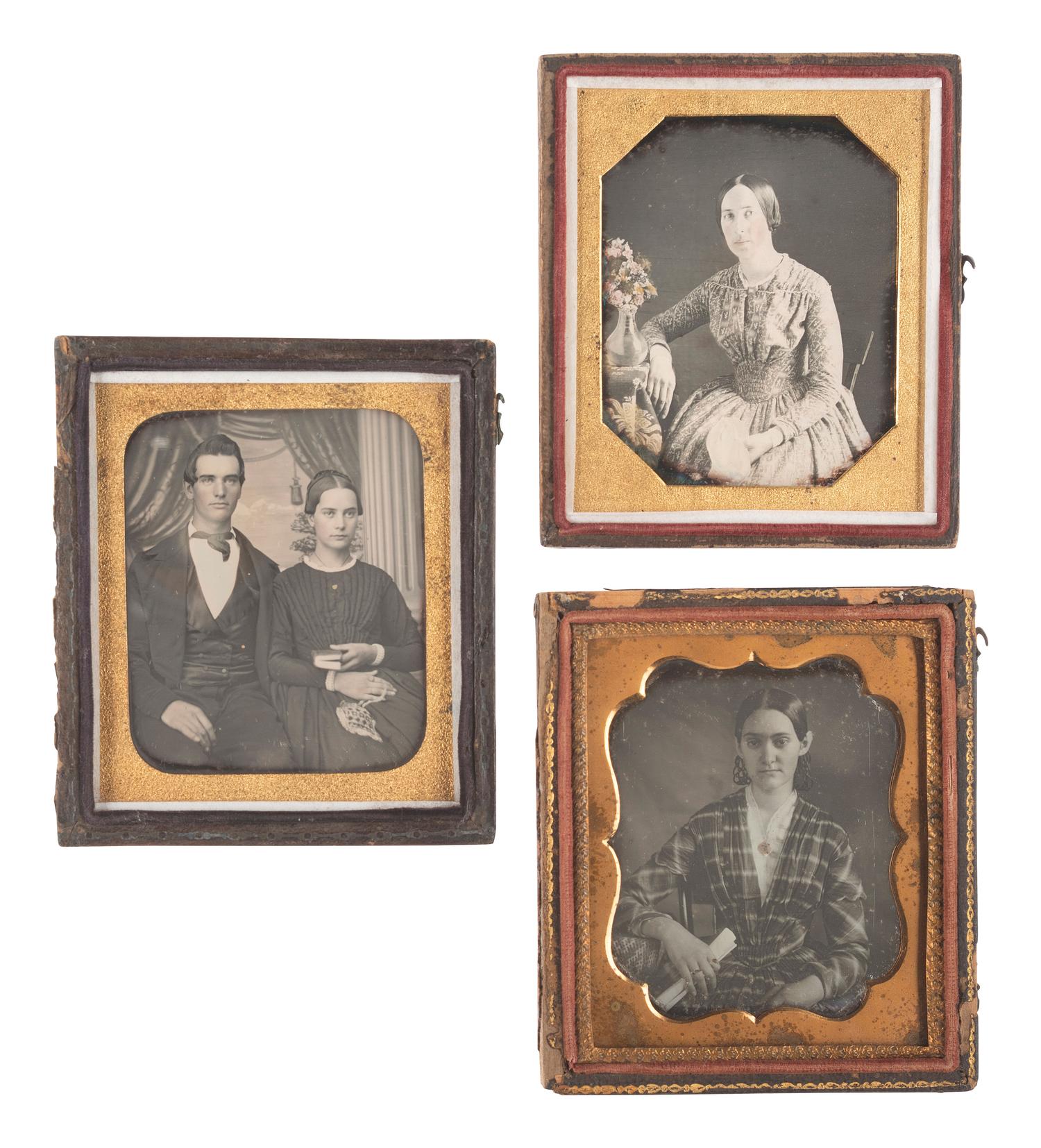 [EARLY PHOTOGRAPHY]. 15 sixth plate daguerreotypes featuring women posed with fans, purses, floral arrangements, and other objects.
